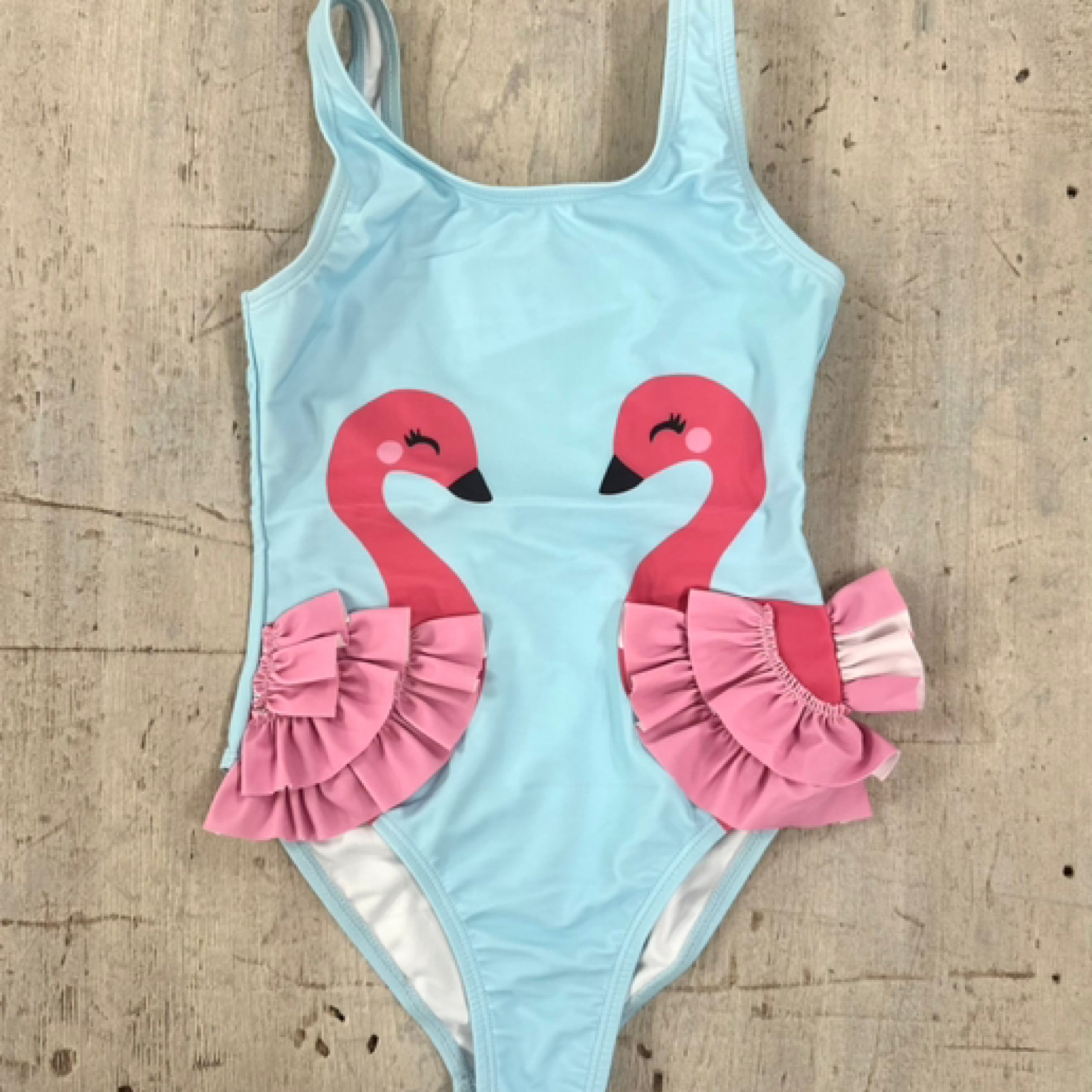 Girls Light Blue Flamingo Ruffle One Piece Swimsuit Sizes 2 7