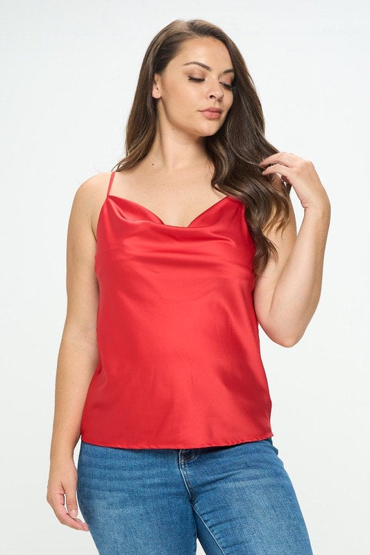 Curvy Red Satin Cowl Neck Cami Top FINAL SALE